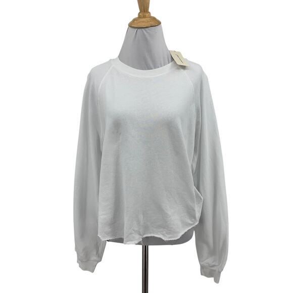 Unsubscribed Sweatshirt Women S Small White Raglan Crew Neck Cutout Raw Hem Boxy - Picture 1 of 11